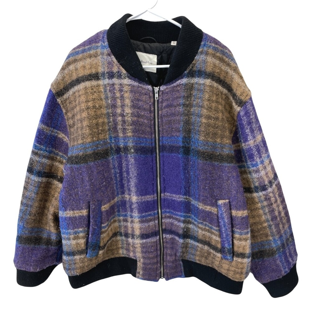 Wilfred Free Plaid Zip Up Bomber Jacket Womens XL Purple Blue Wool Blend Quilted